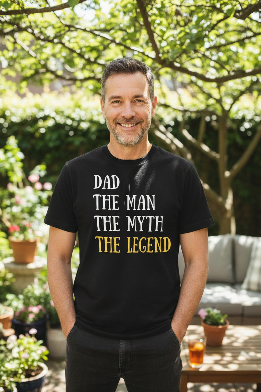 Dad wearing the Legend T-Shirt - full graphic visible