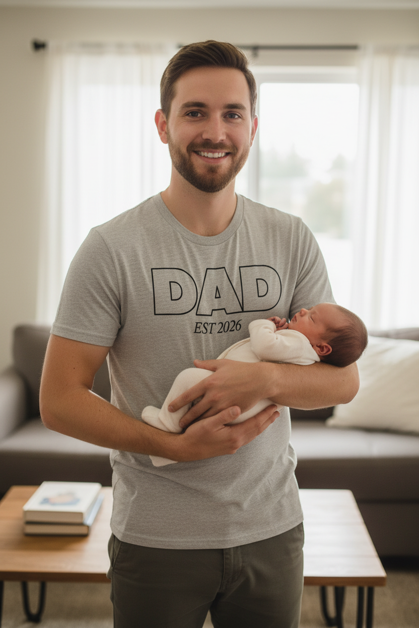 Realistic new dad wearing Dad – Est. 2026 Grey T-Shirt