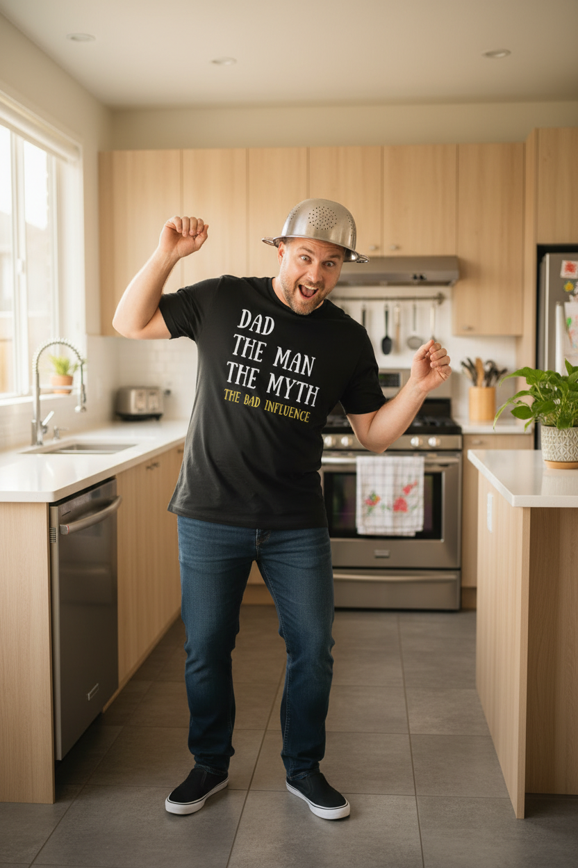 Silly dad wearing Dad – The Bad Influence black tee